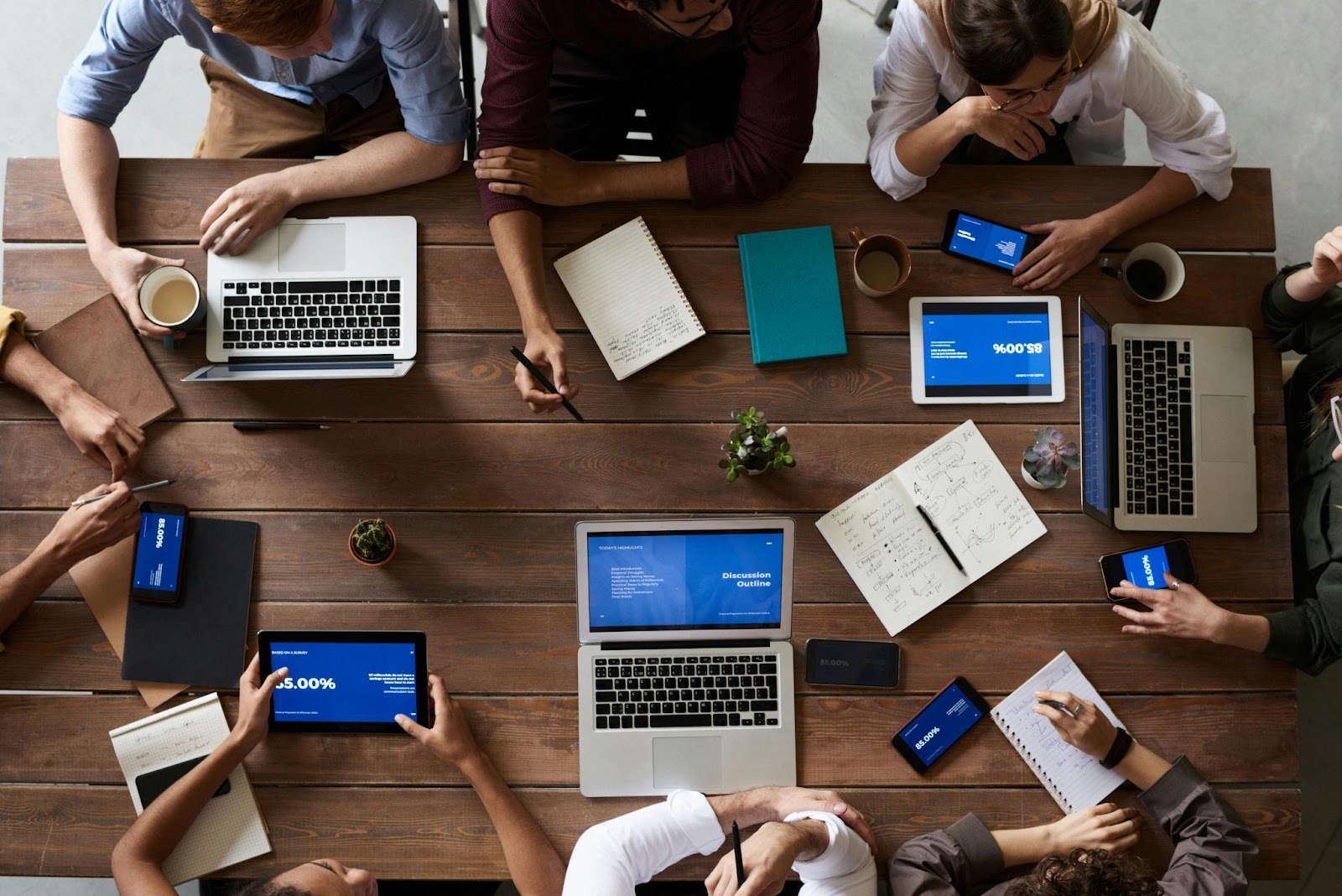 Top View Photo Of People at Wooden Table