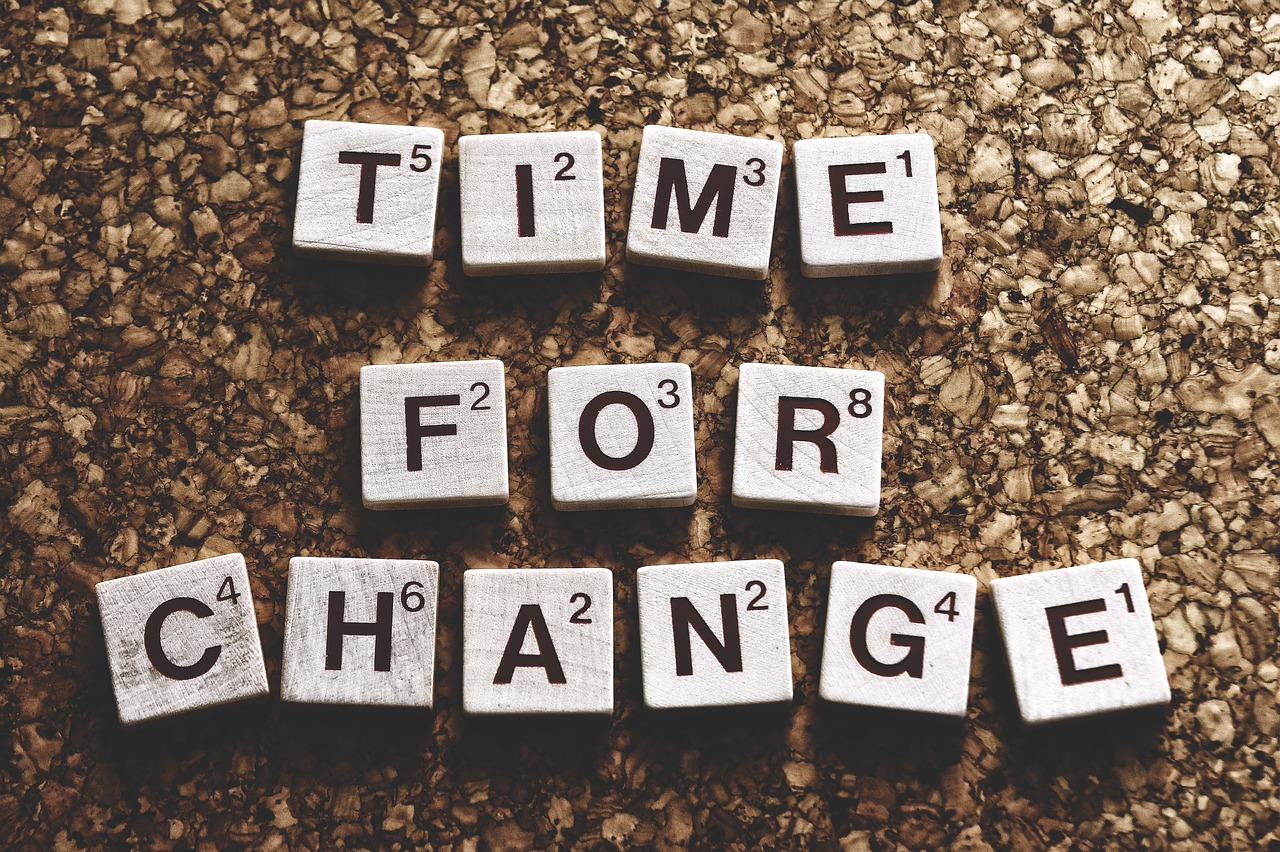 Scrabble letters that read “Time for change.”