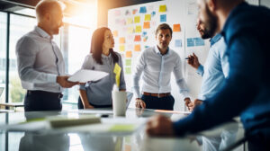 A group of people standing around a boardroom table and strategizing, with a whiteboard filled with sticky notes in the background.